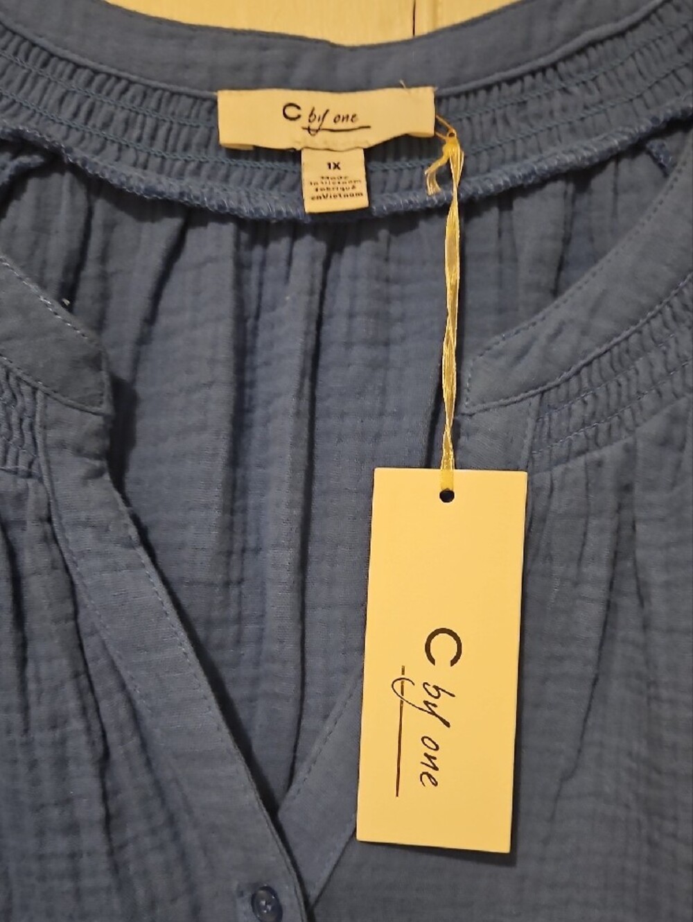 C by Me Blue Cotton Button-Front Short Sleeve Blouse - Picture 2 of 3